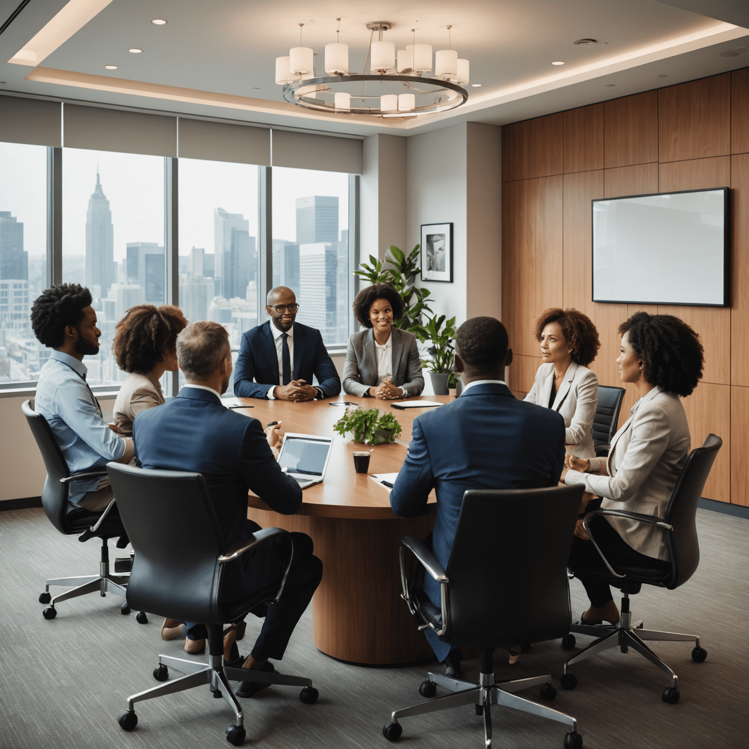 A group of diverse business professionals discussing strategies in a conference room