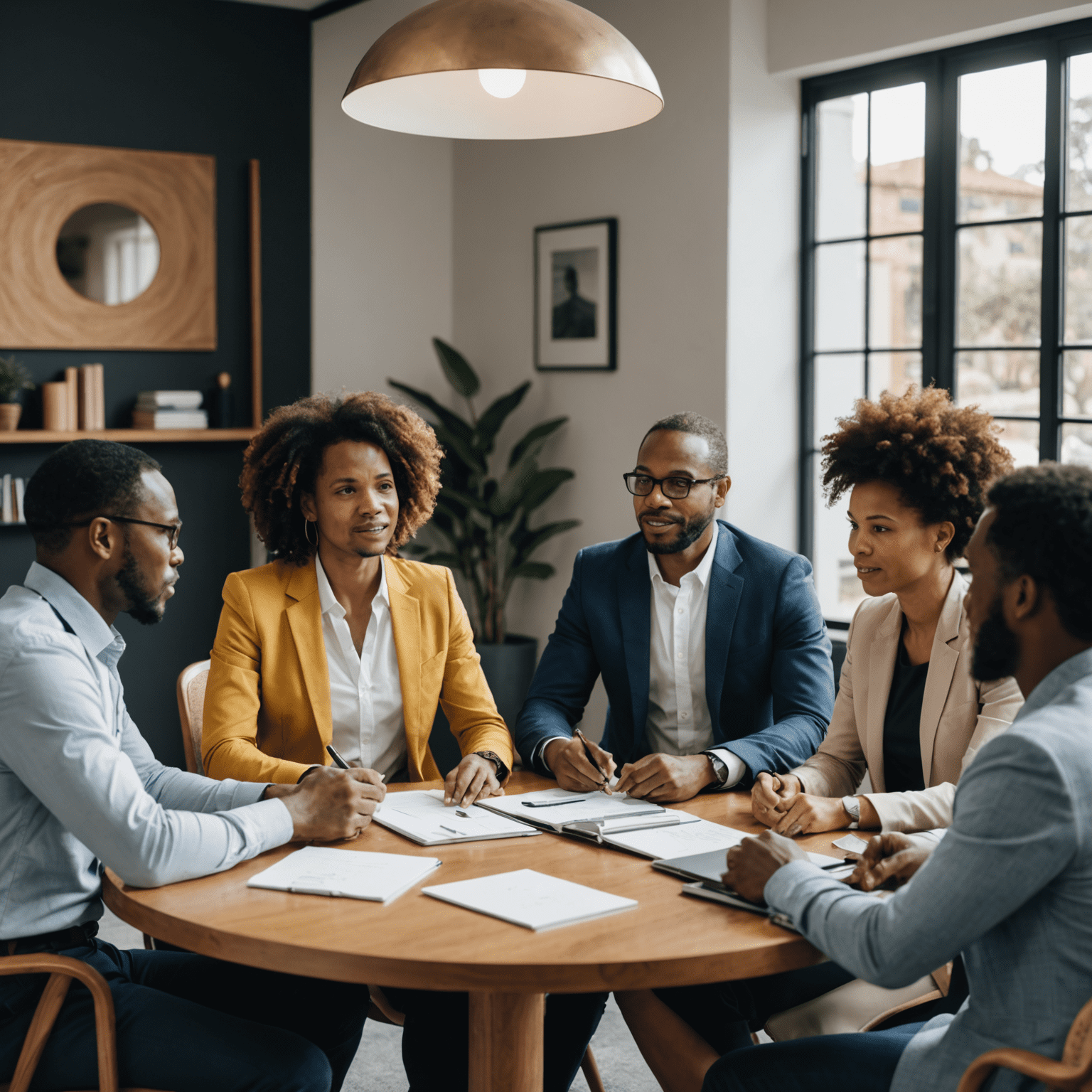 Diverse group of South African entrepreneurs in a meeting, discussing business strategies and challenges