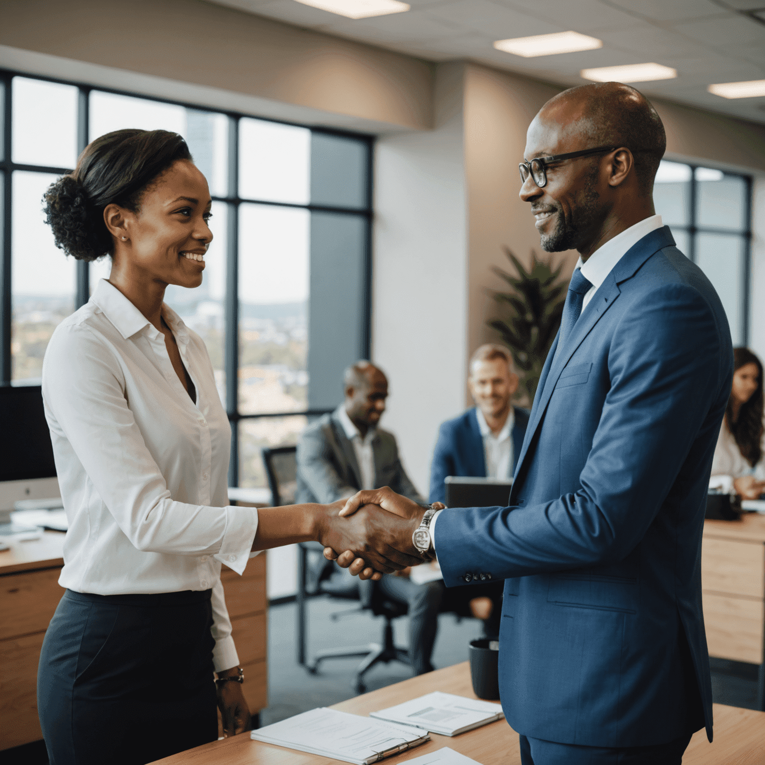 Businesspeople shaking hands in a modern office setting in South Africa