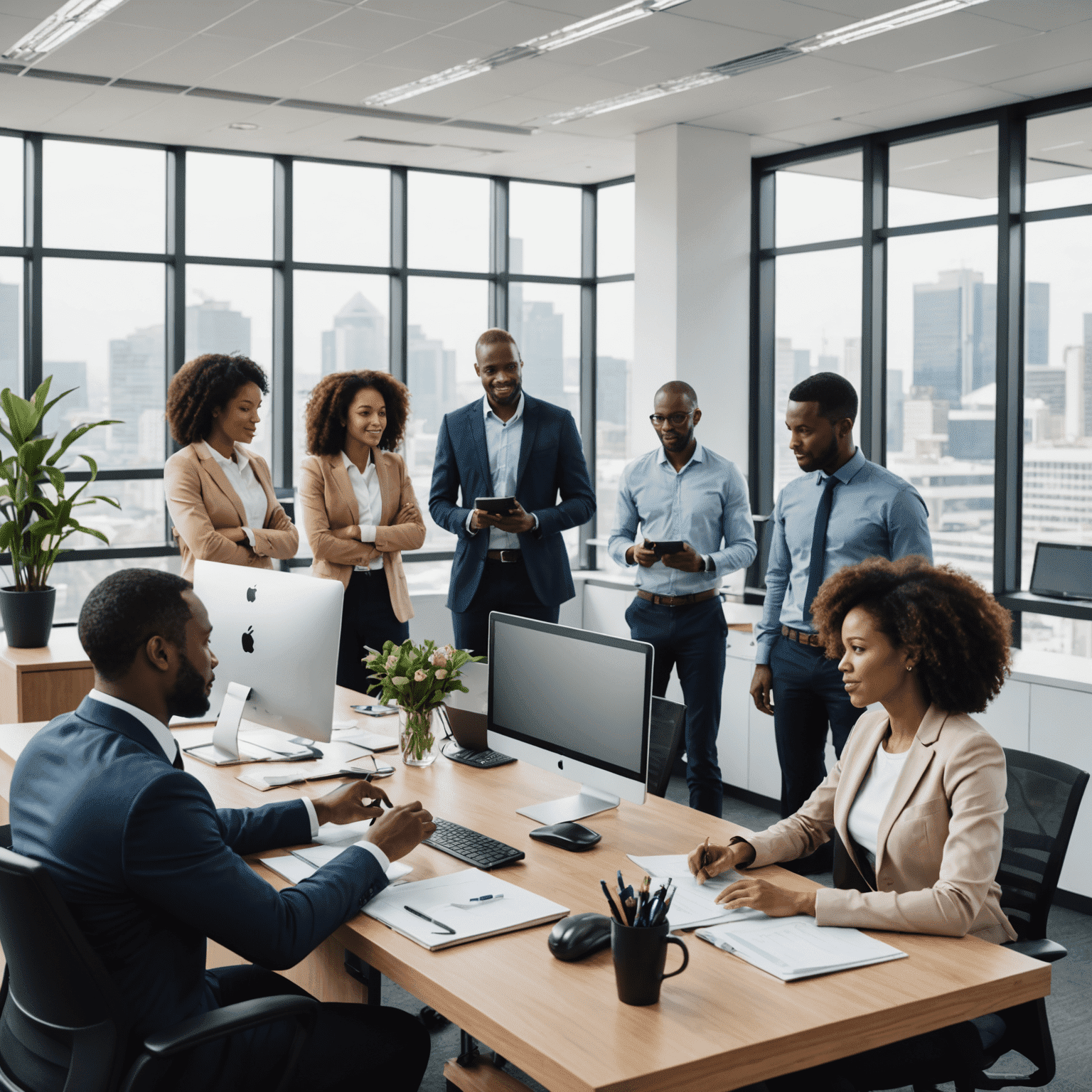 A team of professionals working together in an office setting, representing the benefits of outsourcing various business services to streamline operations and reduce costs for companies in South Africa.