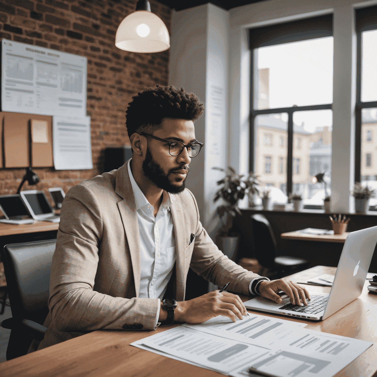 An entrepreneur working on a laptop, surrounded by business planning documents and financial reports