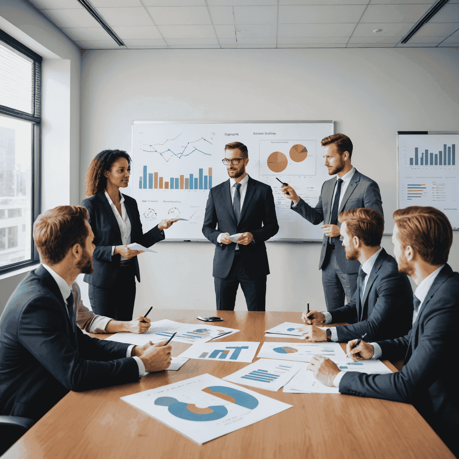 A team of business professionals discussing growth strategies in a conference room, with charts and graphs on a whiteboard